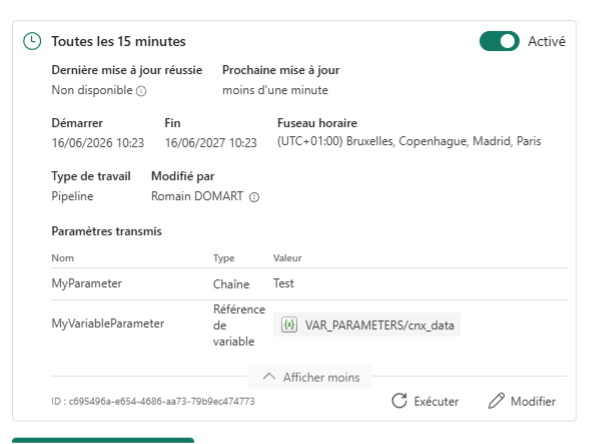 Configuration des paramètres dans un schedule Fabric